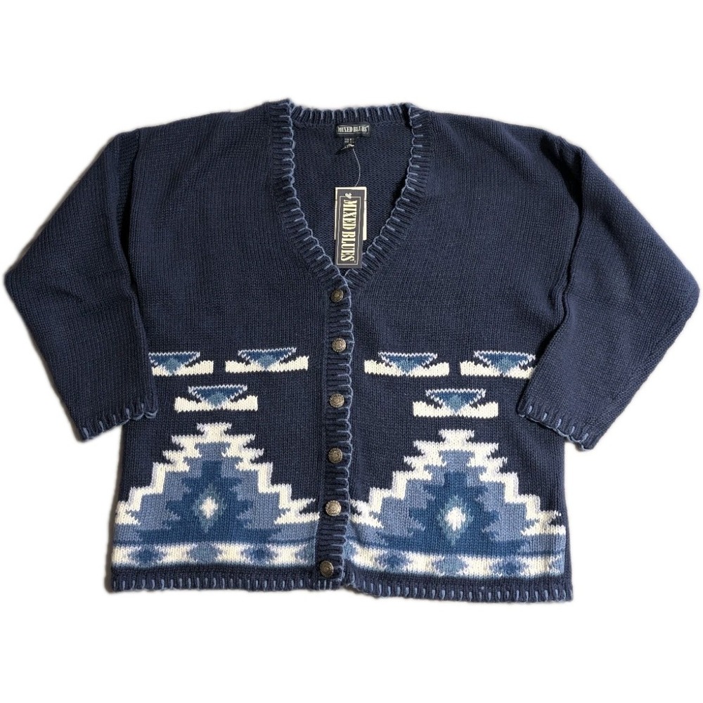Vintage Mixed Blues Southwestern Knit Cardigan Womens M NWT Ramie‎ Cotton
